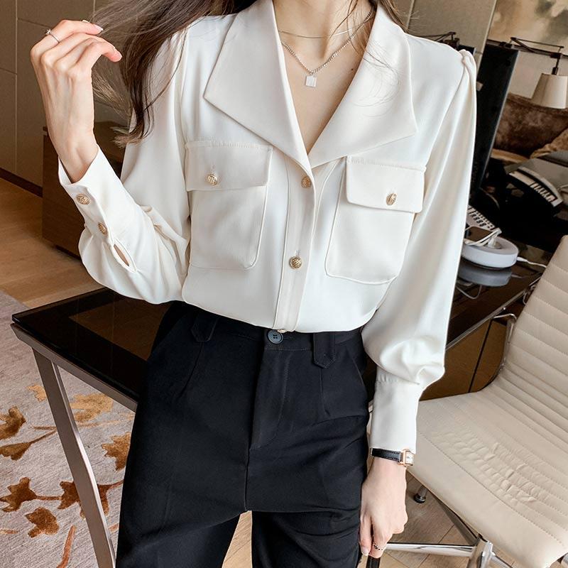 White Casual Lapel Neck Pocket Shirt Modakawa