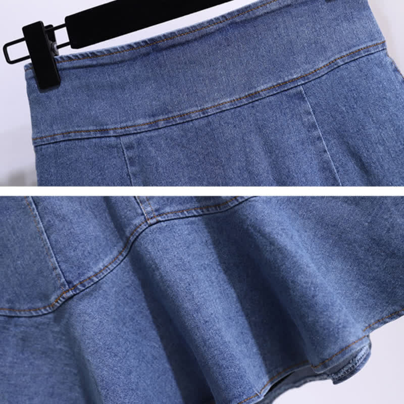 Blue Stripe Knitted T-Shirt High Waist Denim Skirt modakawa