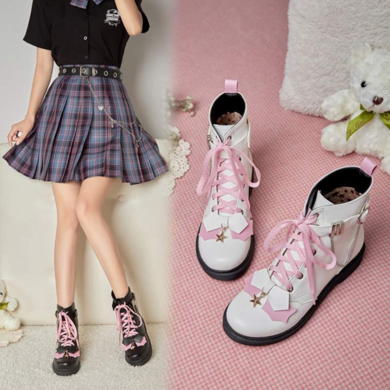 Pink Bow Knot Chain Lace-up Front Boots Modakawa