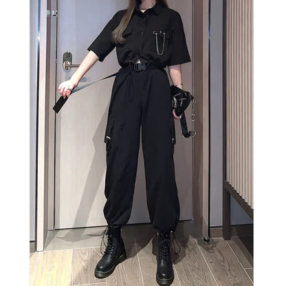 Chic Chain Pocketed Polo T-Shirt Casual Cargo Pants modakawa