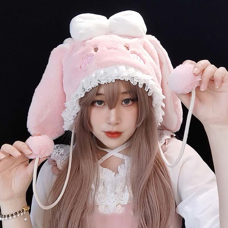 Pink Bowknot Decor Lolita Bunny Ears Plush Hat modakawa