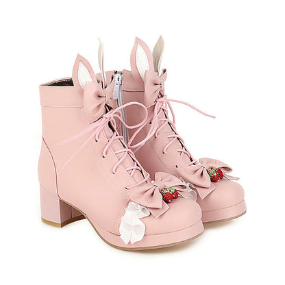 Sweet Strawberry Bow Lolita Lace Up Boots Modakawa