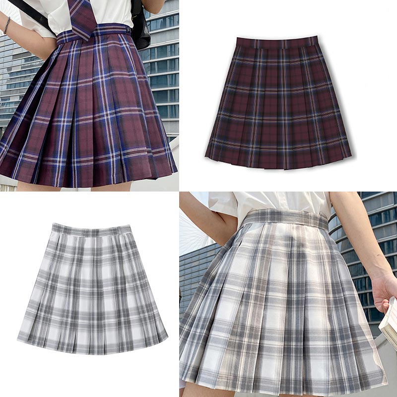 Plaid Print Pleated Skirt Bow Tie Set Modakawa