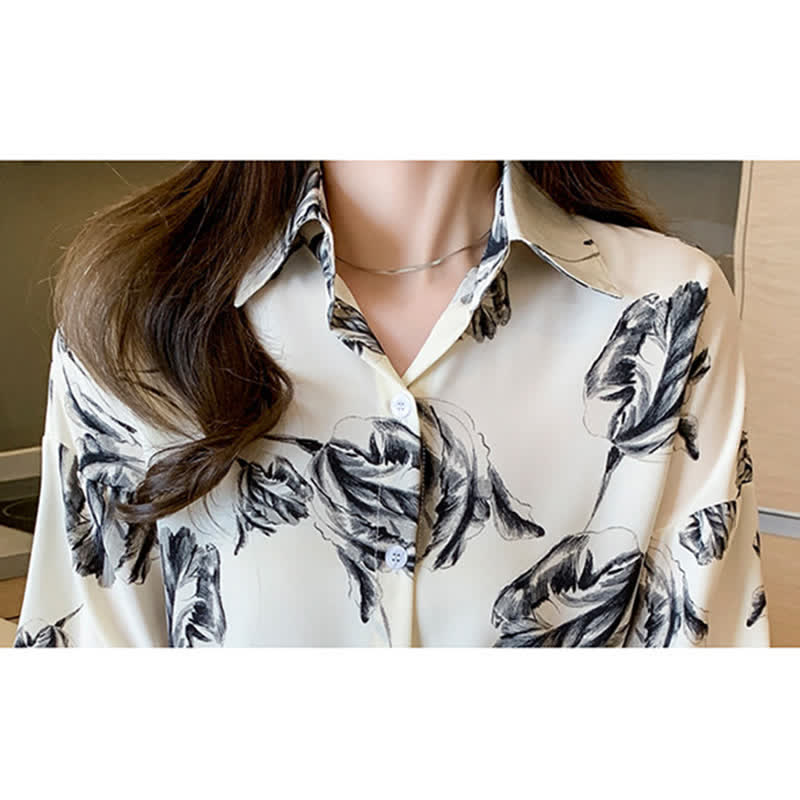 Ink Painting Blossom Print Lapel Shirt modakawa