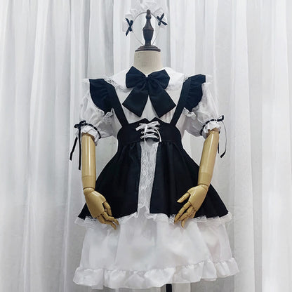 Neutral Lace Up Ruffled Maid Dress With Bow Tie Modakawa