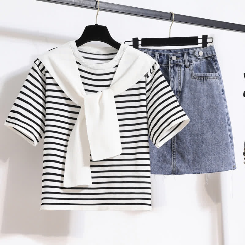 Chic Stripe Round Collar T-Shirt Denim Skirt modakawa