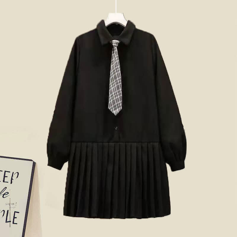 Chic Knit Vest Lapel Tie Pleated Shirt Dress Set modakawa