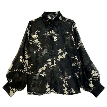 Floral Embroidery Puff Sleeve Chiffon Shirt modakawa