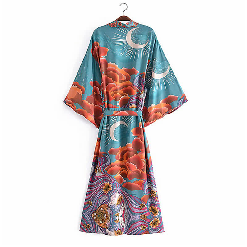 Boho Beach Moon Print Belt Robe Long Cardigan Kimono Outerwear modakawa