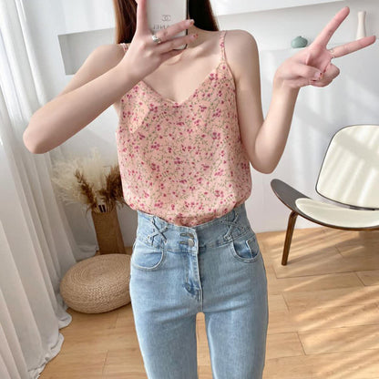 Floral Print Chiffon V-neck Cami Top modakawa