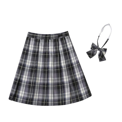 Plaid Print Pleated Skirt Bow Tie Set Modakawa