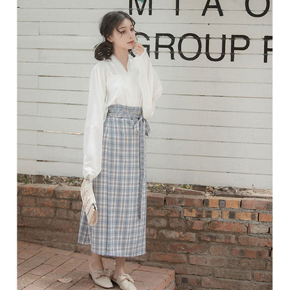 Vintage Plaid Belt Skirt Outerwear Four-piece Set Modakawa