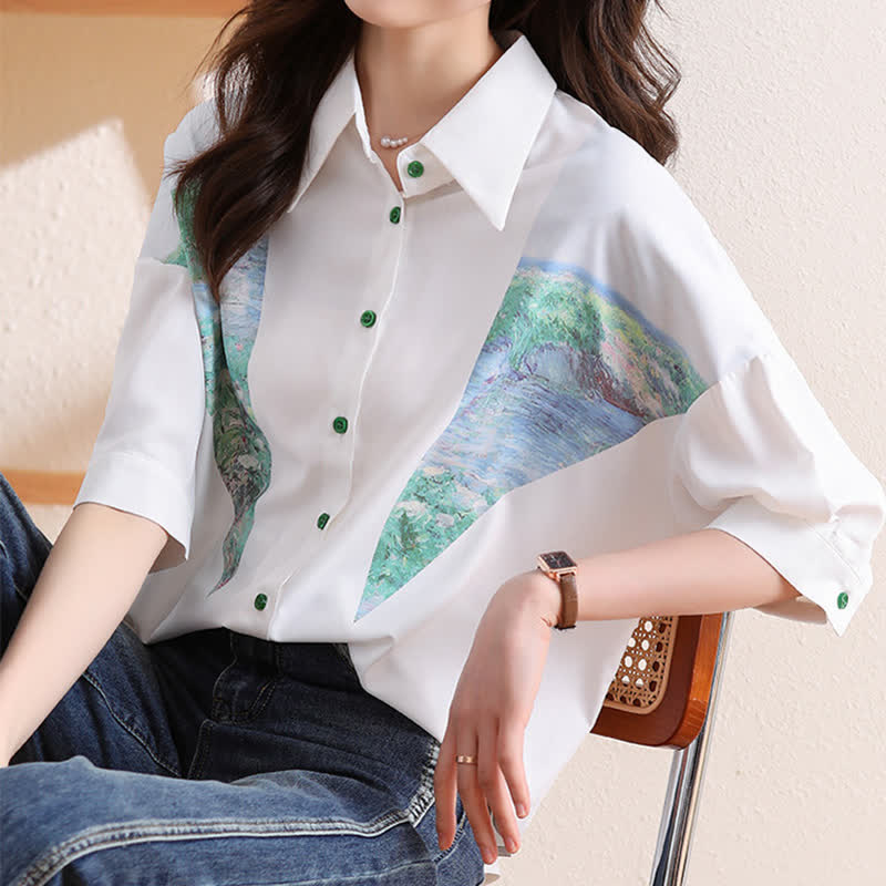 Chic Painting Print Chiffon Lapel Shirt modakawa