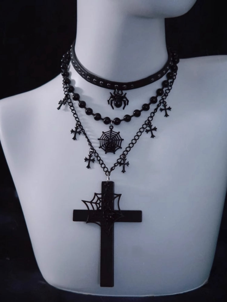 Spider Web Cross Pendant Black Triple Layered Necklace mySite