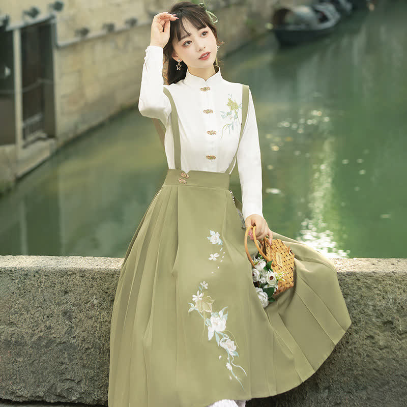 Buckle Floral Embroidery Green Dress Set modakawa