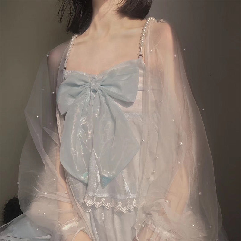 Fairy Pearl Decor Tulle Flouncing Sleeve Cardigan Shirt Modakawa