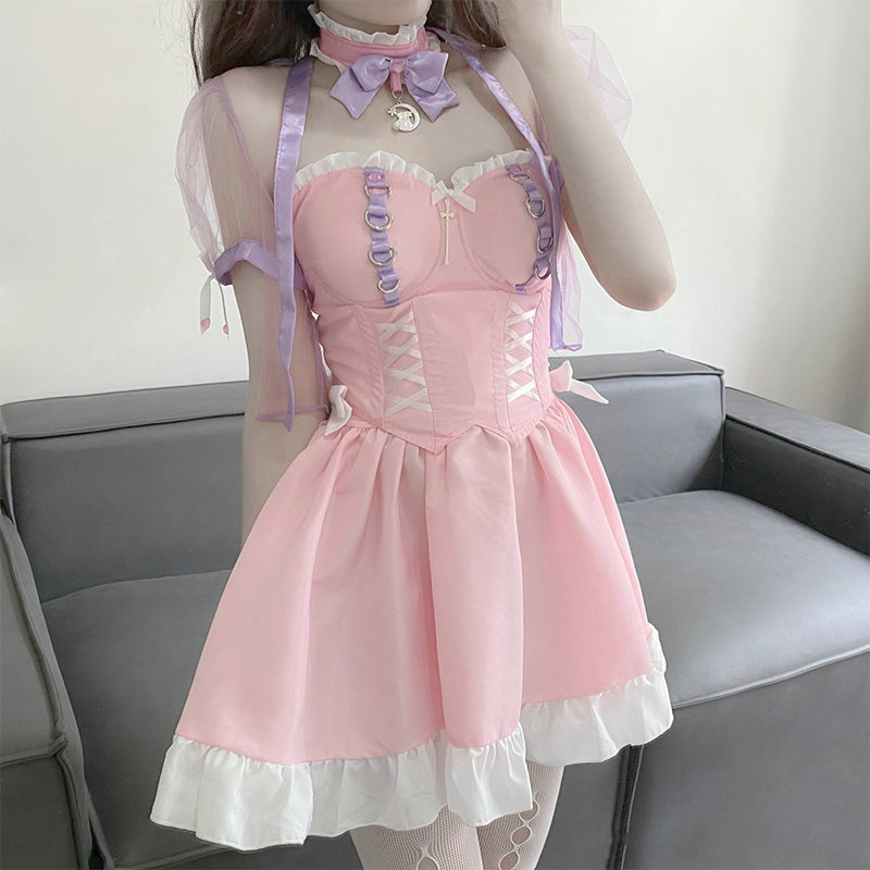 Pink Lace Up Lolita Maid Dress Set Modakawa