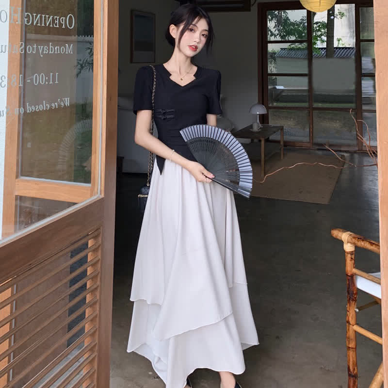 Elegant Buckle Irregular T-Shirt Layered Midi Skirt Set modakawa