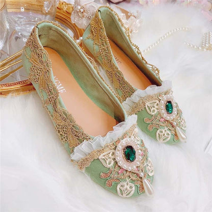 Vintage Lace Pearl Rhinestone Flat Shoes Modakawa