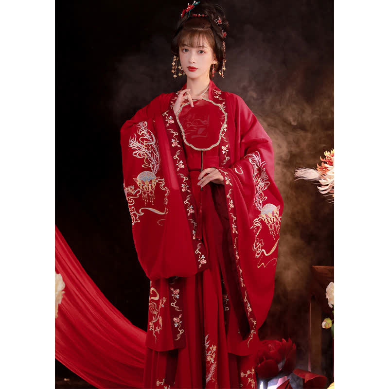 Red Phoenix Embroidery Tank Top Big Sleeve Cardigan Shirt Skirt Hanfu Set Modakawa