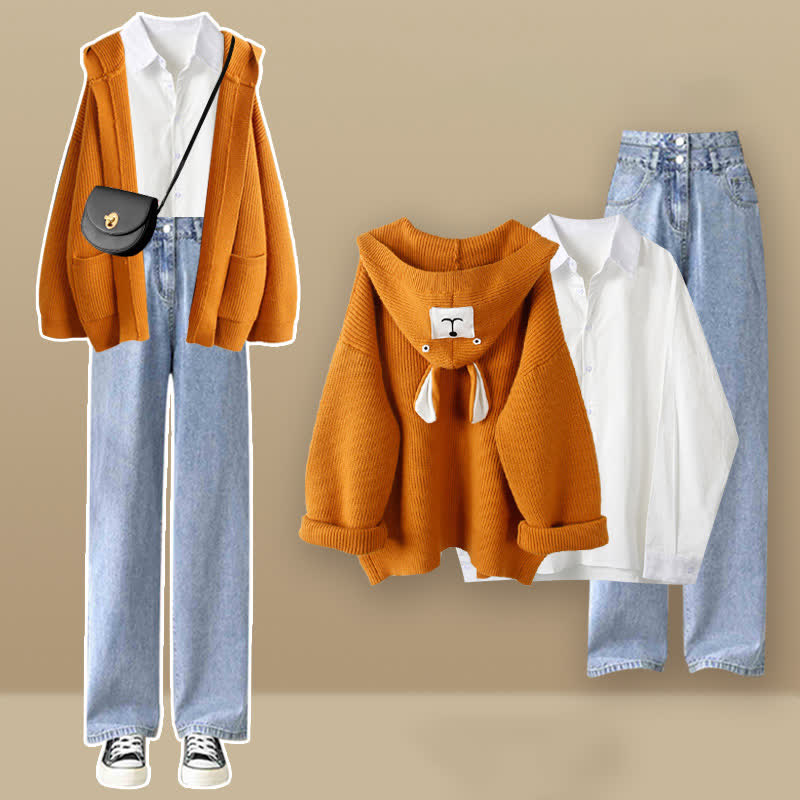 Bear Ears Hooded Cardigan Lapel Shirt Denim Pants Set modakawa