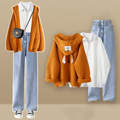 Bear Ears Hooded Cardigan Lapel Shirt Denim Pants Set modakawa