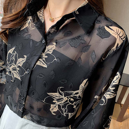 Black Floral Print Puff Sleeve Chiffon Shirt Modakawa