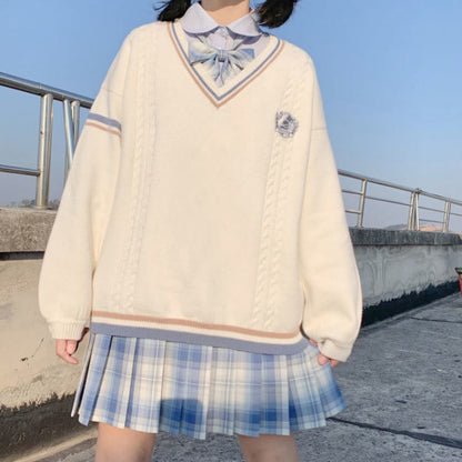 Embroidery Stripe College Style Sweater Modakawa