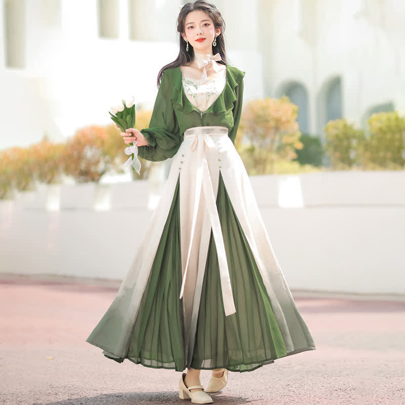 Sweet Green Bamboo Embroidery Cardigan Cami Top Skirt modakawa