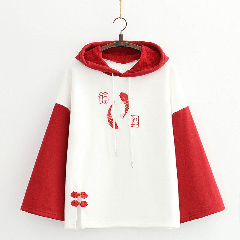 Vintage Red Fish Letter Embroidery Hoodie modakawa