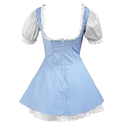 Sweet Kawaii Lattice Print Lace Up Maid Dress Modakawa