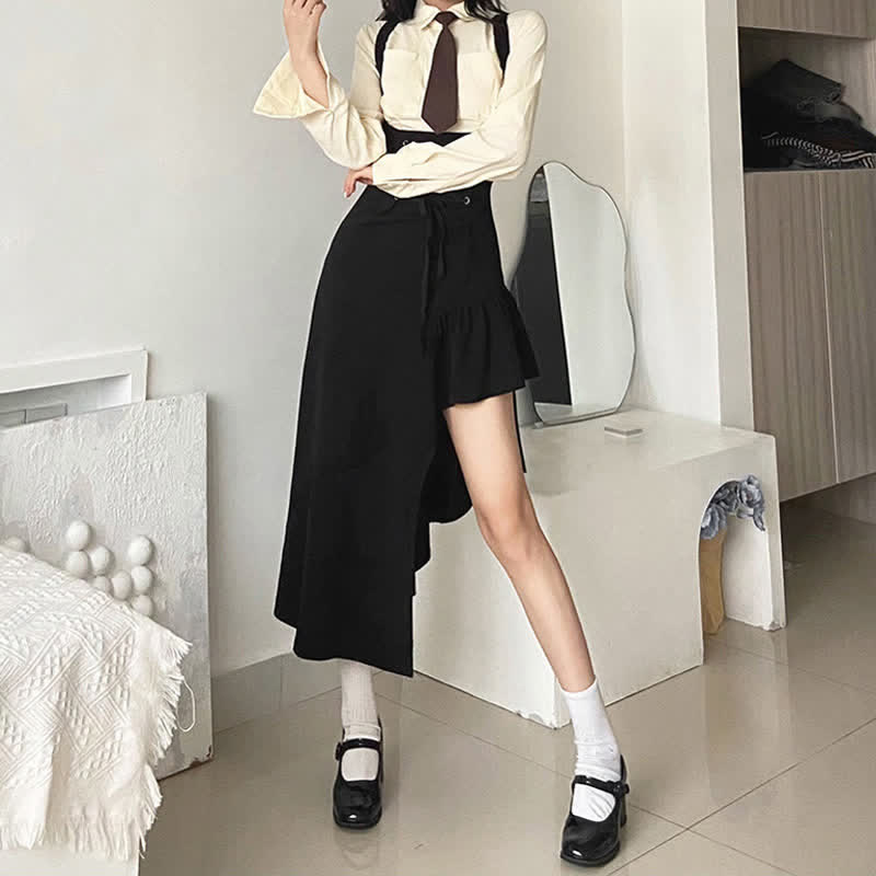 Chic Pocketed Tie Polo T-Shirt Irregular Lace Up Suspender Dress modakawa