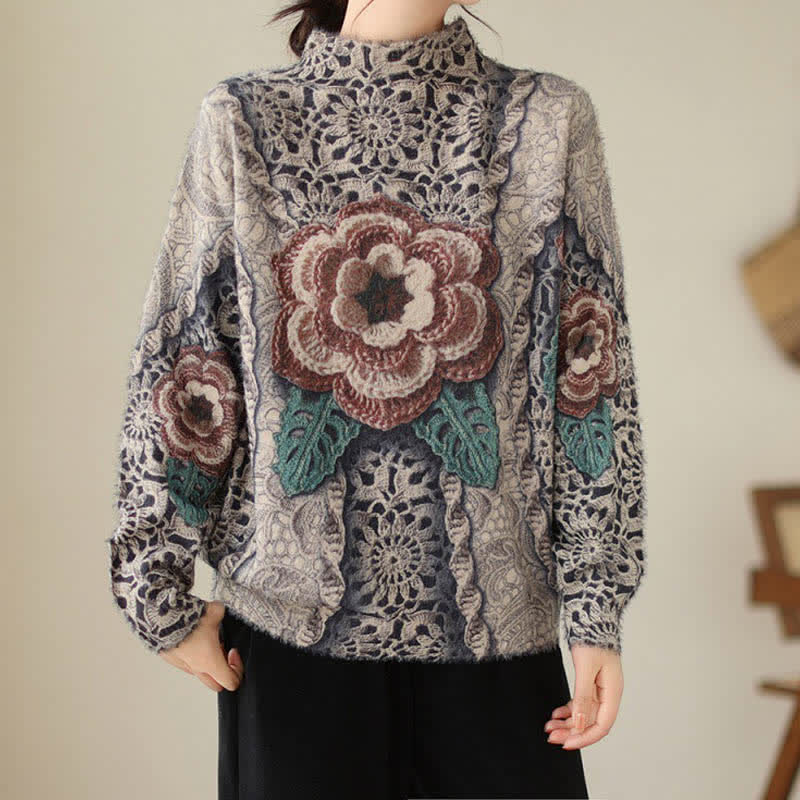 Retro Blossom Print Mock Tutleneck Sweater modakawa