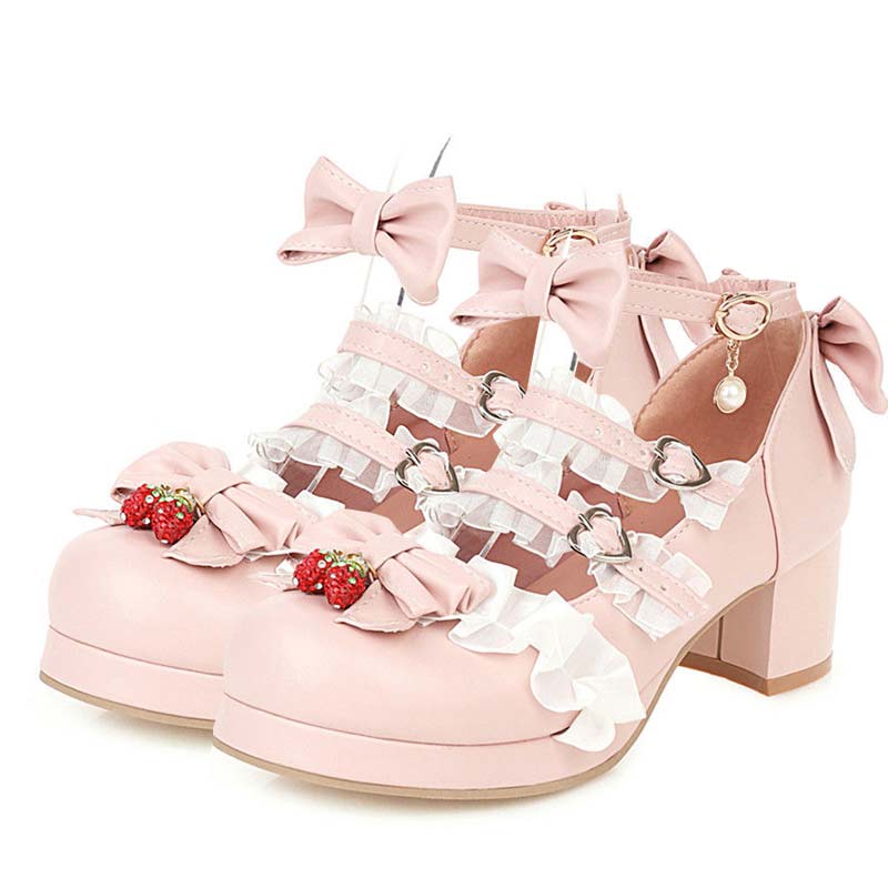 Kawaii Lace Bow Lolita Kitten Heel Mary Janes Shoes Modakawa