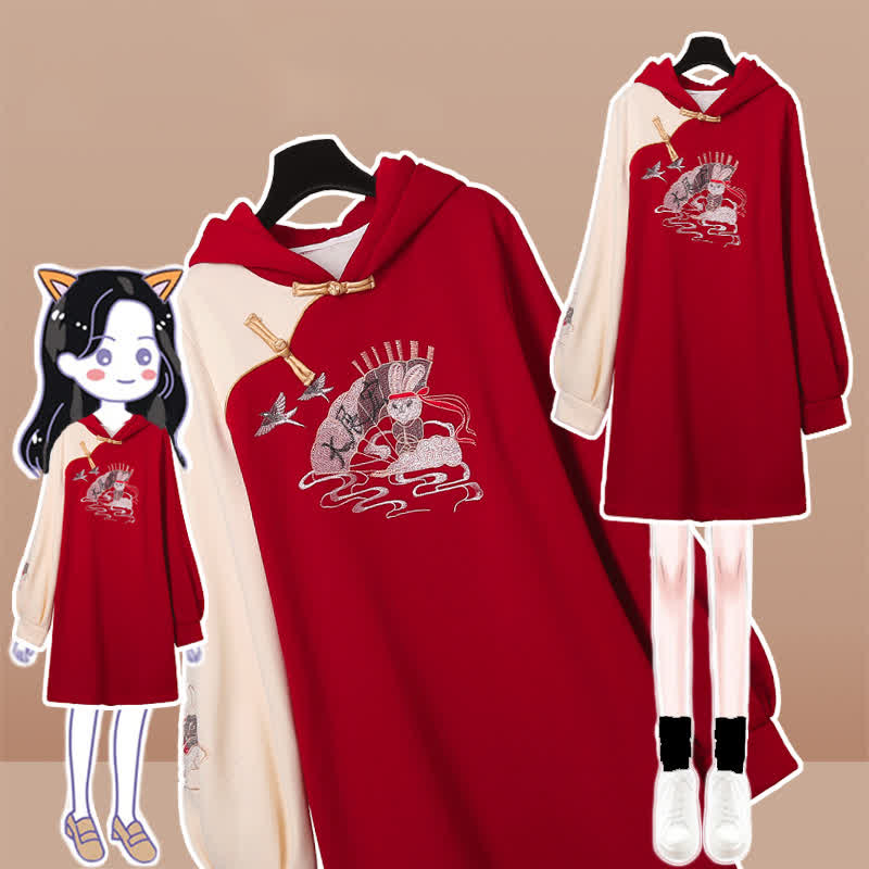 Bunny Red Colorblock Plush Hooded Sweatshirt Dress modakawa