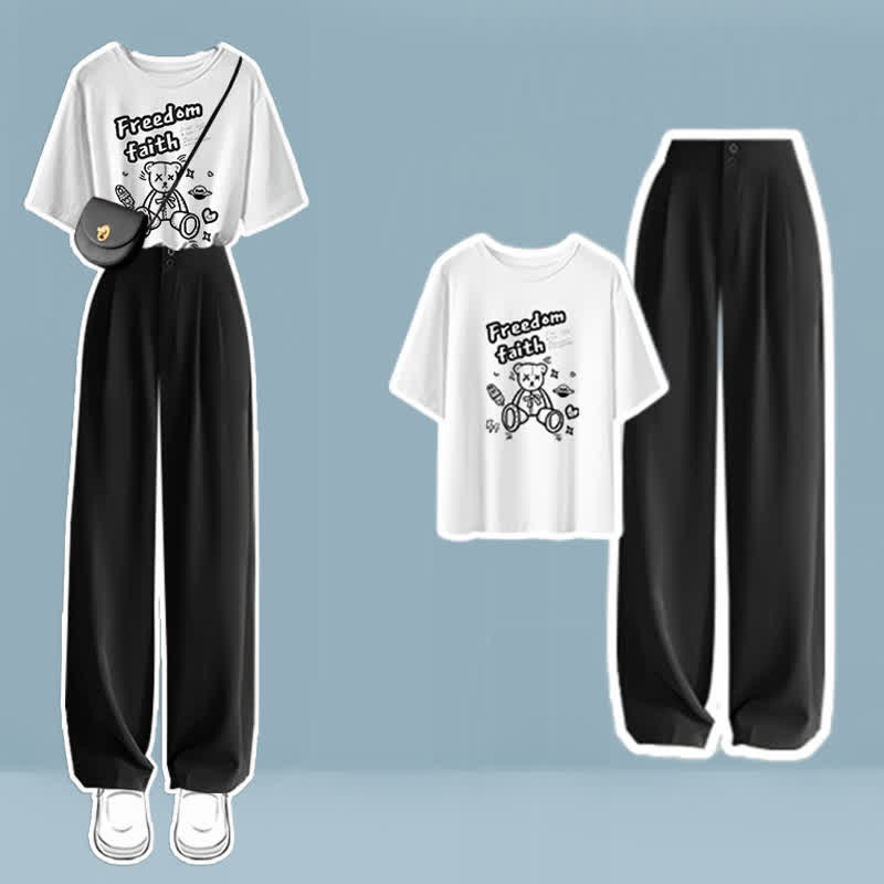 Cartoon Print T-Shirt High Waist Wide Leg Pants modakawa