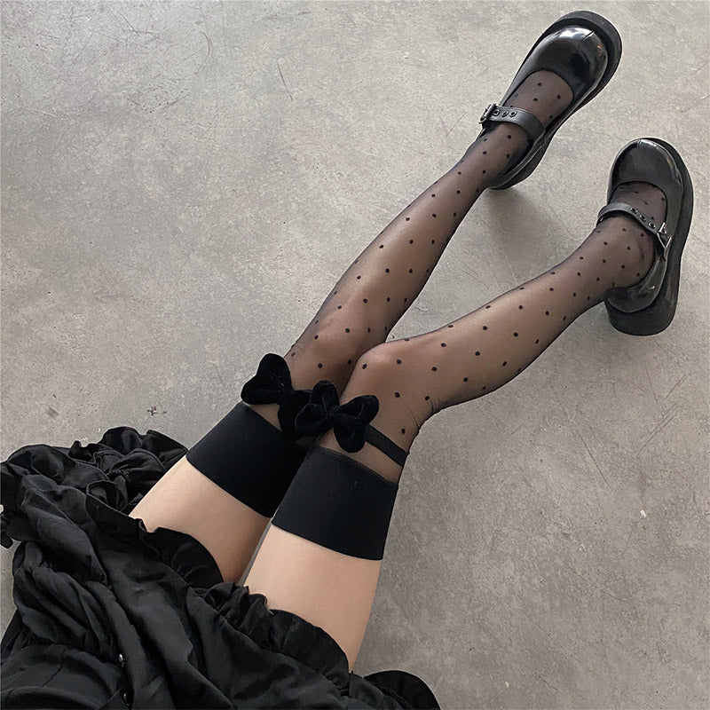 Black Bow Knot Decor Polka Dots Silk Stockings modakawa