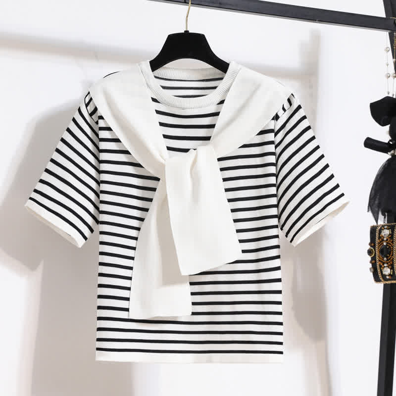 Chic Stripe Round Collar T-Shirt Denim Skirt modakawa