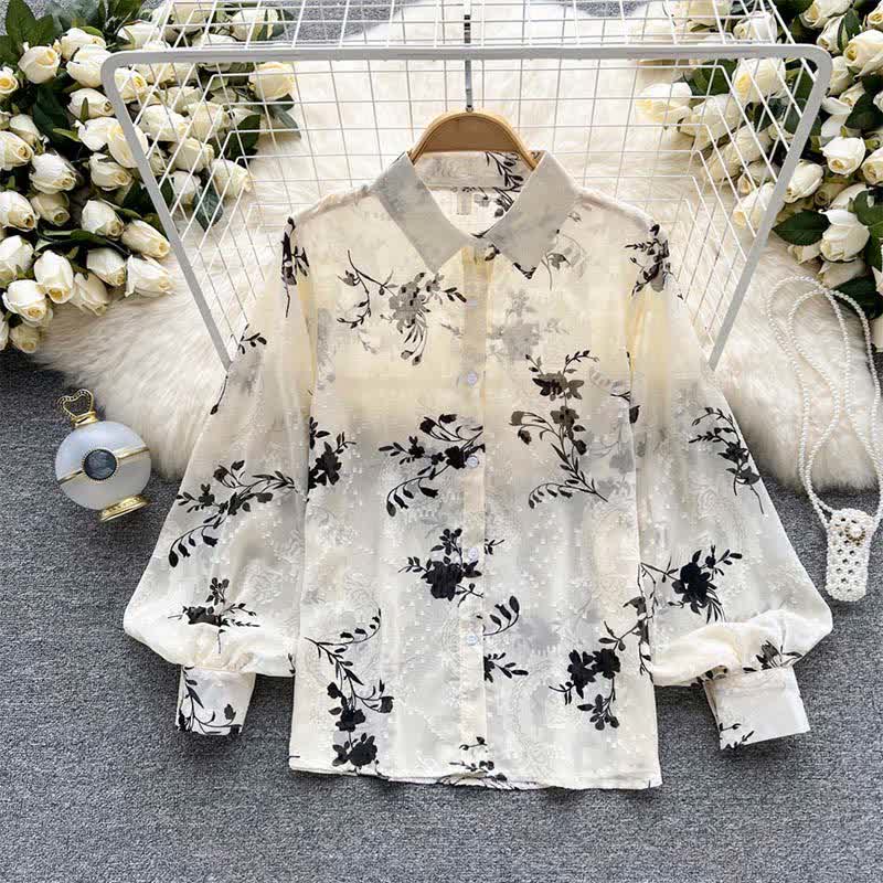 Floral Embroidery Puff Sleeve Chiffon Shirt modakawa