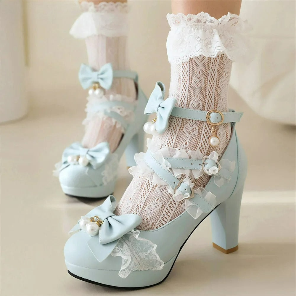 Pearl Lace Lolita Shoes Round - Bow 33-43 Head Heels FashionChic