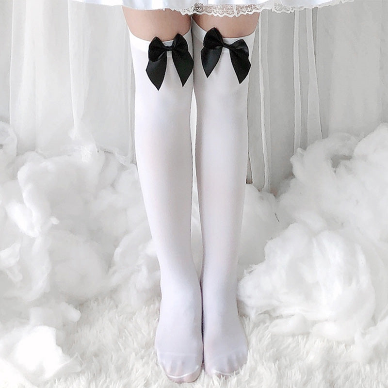 Bow Decor Pure Color Lolita Stockings Modakawa