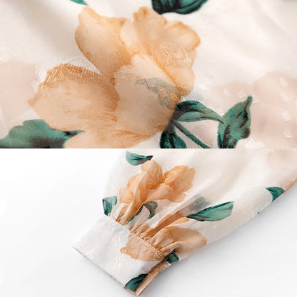 Sweet Floral Puff Sleeve Lapel Chiffon Shirt modakawa