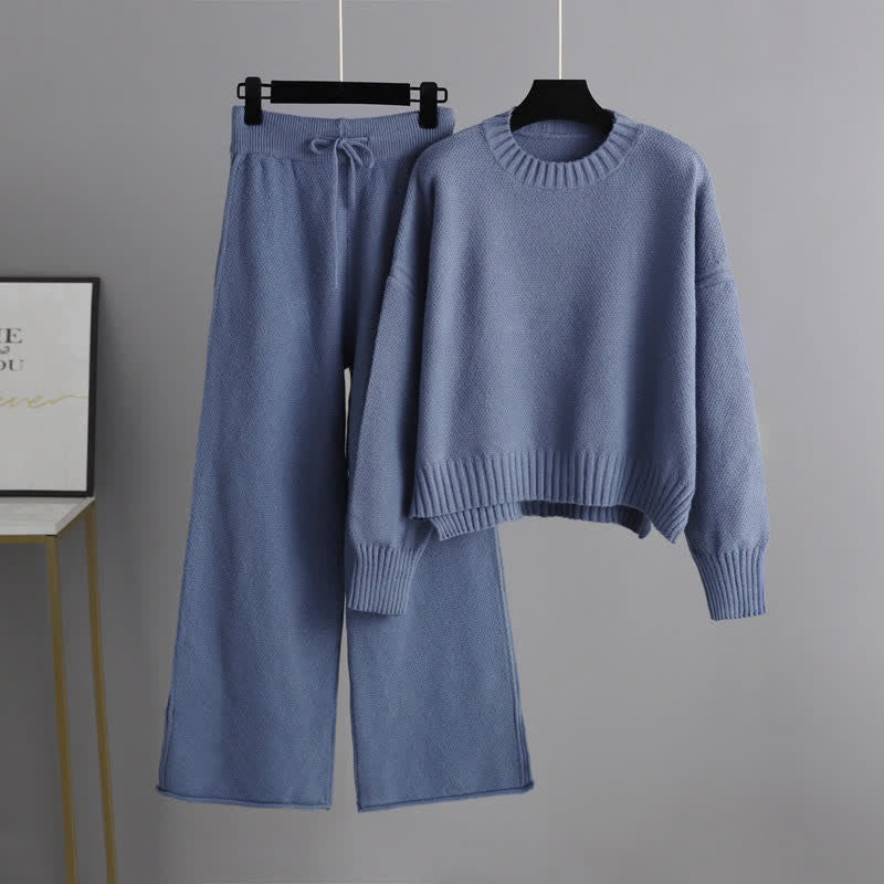 Pure Color Knit Sweater Wide Leg Pants Set modakawa