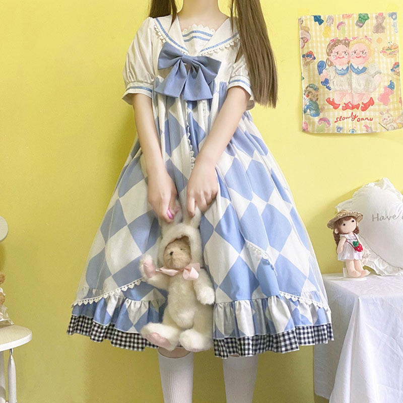 Sweet Bow Square Print Navy Collar Lolita Dress Modakawa