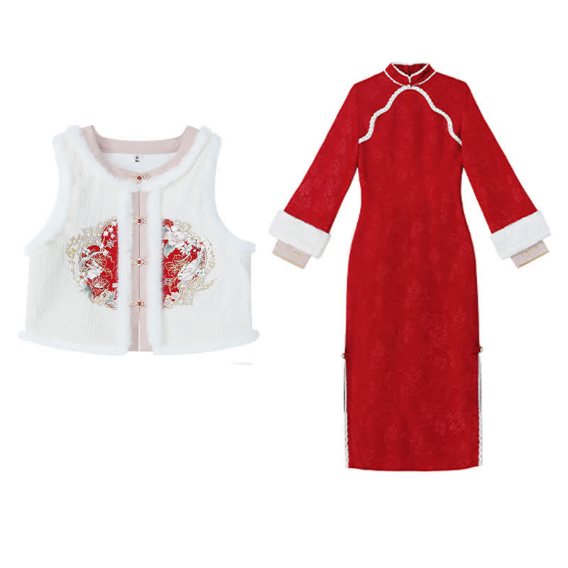 Cute Rabbit Cardigan Vest Split Cheongsam Dress modakawa