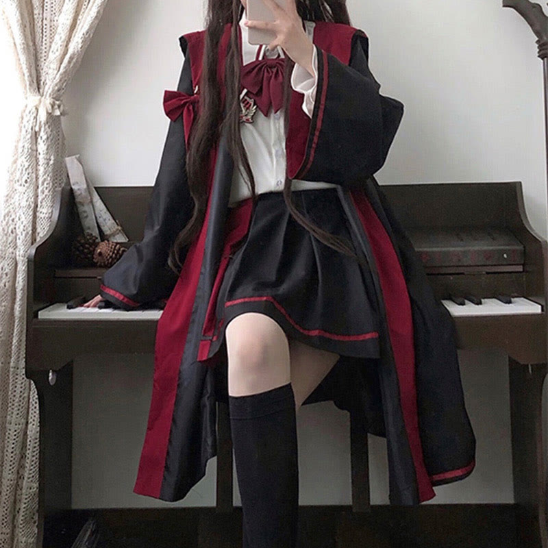 Long Sleeve Shirt Pleated Skirt Hooded Cloak Three Pieces Set modakawa