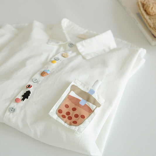 Cartoon Button Milk Tea Print Pocket Lapel Shirt modakawa