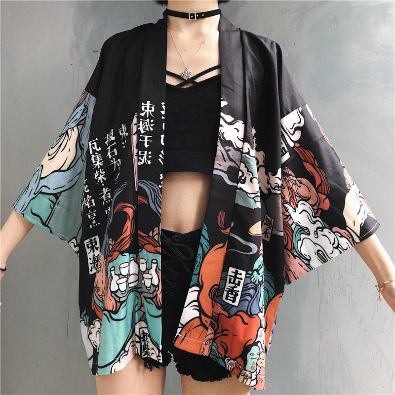 Cartoon Fire Print Casual Vintage Kimono Outerwear Modakawa