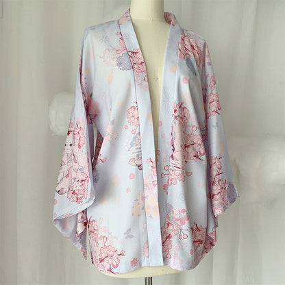 Cat Sakura Print Loose Cardigan Kimono Outerwear modakawa