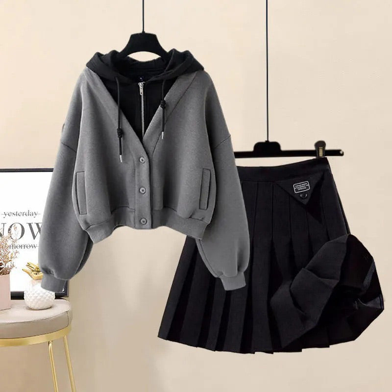 Casual Pocket Hoodie Pleated Skirt Set Modakawa